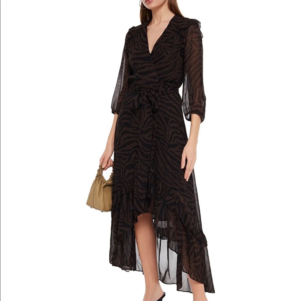 Ba&Sh Selena Animal Print Ruffle Midi Wrap Dress